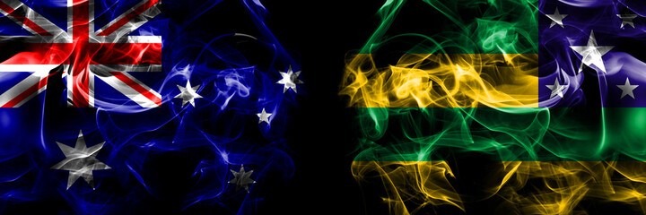 Flags of Australia, Australian vs Brazil, Brazilian, Sergipe. Smoke flag placed side by side on black background