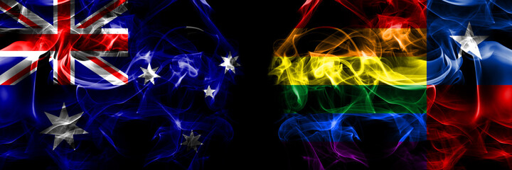 Flags of Australia, Australian vs Chile, Chilean, Gay. Smoke flag placed side by side on black background