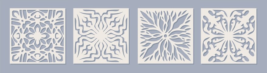 Vector Laser cut square panel set with vintage baroque pattern. Ornamental templates collection for wedding invitation or greeting card. Cabinet fretwork screen. Metal design, wood carving. - obrazy, fototapety, plakaty