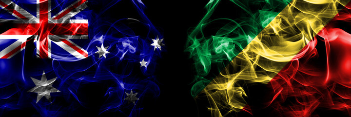 Flags of Australia, Australian vs Congo, Congolese. Smoke flag placed side by side on black background