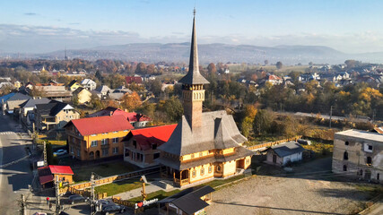 Fototapeta premium Aerial drone view of a church in Sapanta, Romania