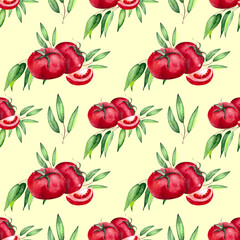 Juicy delicious tomatoes and green eucalyptus leaves. Seamless pattern for decoration and design of textiles, wallpaper and kitchen utensils.