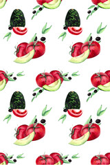 Juicy tomatoes, olives and avocado. Watercolor seamless vegetable pattern for textiles, wallpaper, packaging and menu design.
