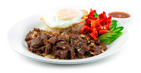 Stir Fried Beef with Garlic and Pepper Served Rice recipe ontop With Fried egg
