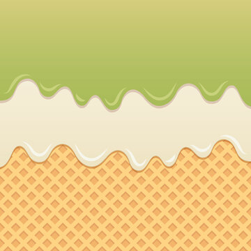 Flowing kiwi fruit sauce and milk cream melt on wafer background.