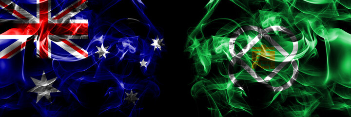 Flags of Australia, Australian vs Japan, Japanese, Eniwa, Hokkaido, Ishikari, Subprefecture. Smoke flag placed side by side on black background