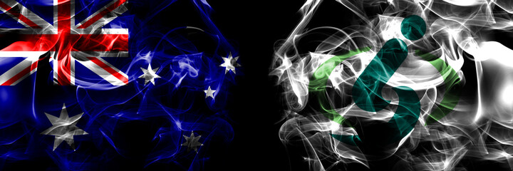 Flags of Australia, Australian vs Japan, Japanese, Saitama. Smoke flag placed side by side on black background