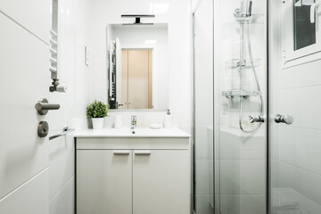 Modern washbasin with sink in earthenware with rectangular mirror and shower with glass screens