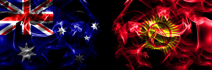 Flags of Australia, Australian vs Kyrgyzstan. Smoke flag placed side by side on black background