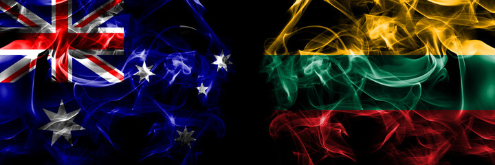 Flags of Australia, Australian vs Lithuania, Lithuanian. Smoke flag placed side by side on black background