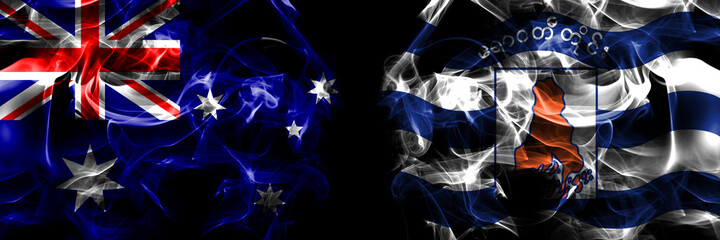 Flags of Australia, Australian vs Myanmar, Ayeyarwaddy Division. Smoke flag placed side by side on black background