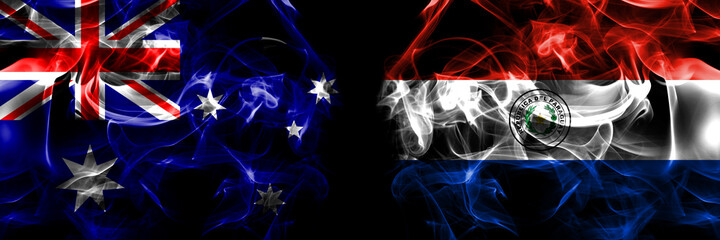 Flags of Australia, Australian vs Paraguay, Paraguayan. Smoke flag placed side by side on black background