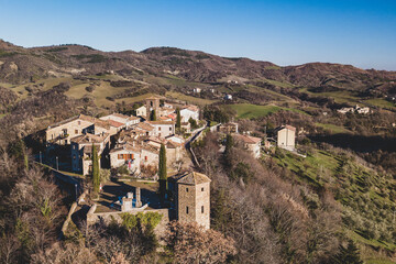 Fototapeta na wymiar Italy January 2022, aerial view of the medieval village of Frontino in the province of Pesaro and Urbino in the Marche region