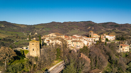Obraz premium Italy January 2022, aerial view of the medieval village of Frontino in the province of Pesaro and Urbino in the Marche region