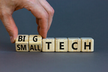 Big or small tech symbol. Businessman turns wooden cubes and changes concept words small tech to big tech. Beautiful grey table grey background, copy space. Business and big or small tech concept.