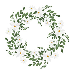 Floral frame and wreath with wildflowers. Camomile and greenery branches. Rustic style. Romantic decor for weddings and invitations. Valentine's Day