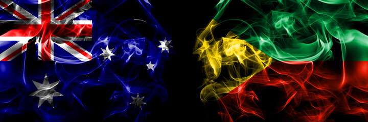 Flags of Australia, Australian vs Russia, Russian, Zabaykalsky Krai. Smoke flag placed side by side on black background