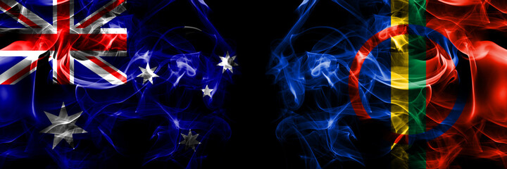 Flags of Australia, Australian vs Sami. Smoke flag placed side by side on black background