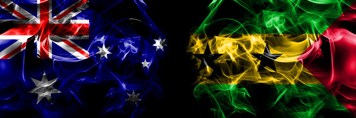 Flags of Australia, Australian vs Sao Tome and Principe. Smoke flag placed side by side on black background