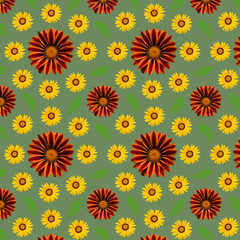 Colorful flowers   on green background seamless pattern. Textile fabric design.  Design for textiles, cards, wallpapers