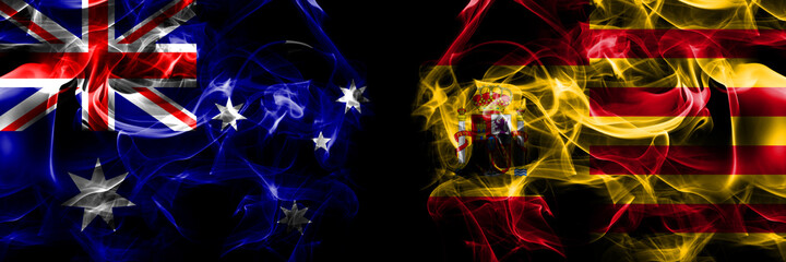 Flags of Australia, Australian vs Spain, Catalonia, state. Smoke flag placed side by side on black background