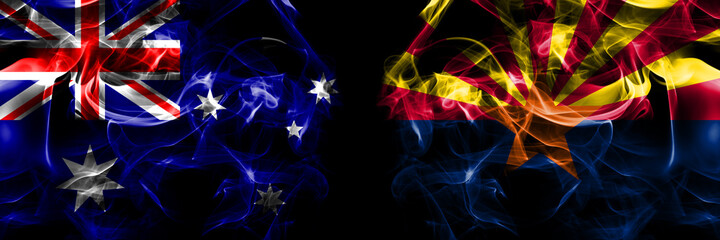 Flags of Australia, Australian vs United States of America, America, US, USA, American, Arizona, Arizonan. Smoke flag placed side by side on black background