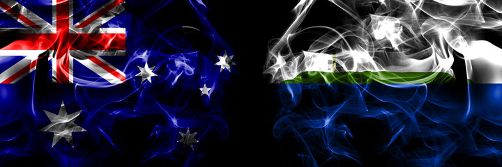 Flags of Australia, Australian vs United States of America, America, US, USA, American, Navassa Island. Smoke flag placed side by side on black background
