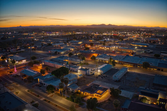 Aerial View of Downtown Blythe California at Dusk in the Imperial Valley.