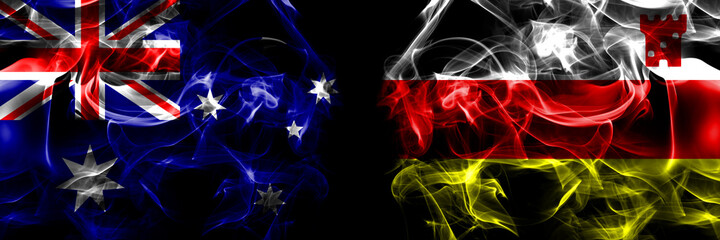 Flags of Australia, Australian vs United States of America, America, US, USA, American, Santa Barbara, California. Smoke flag placed side by side on black background