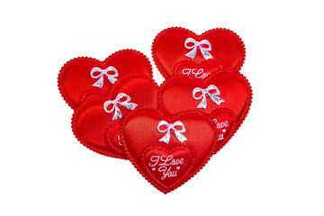 Group of decorative red hearts with the inscription I love you, on a white background