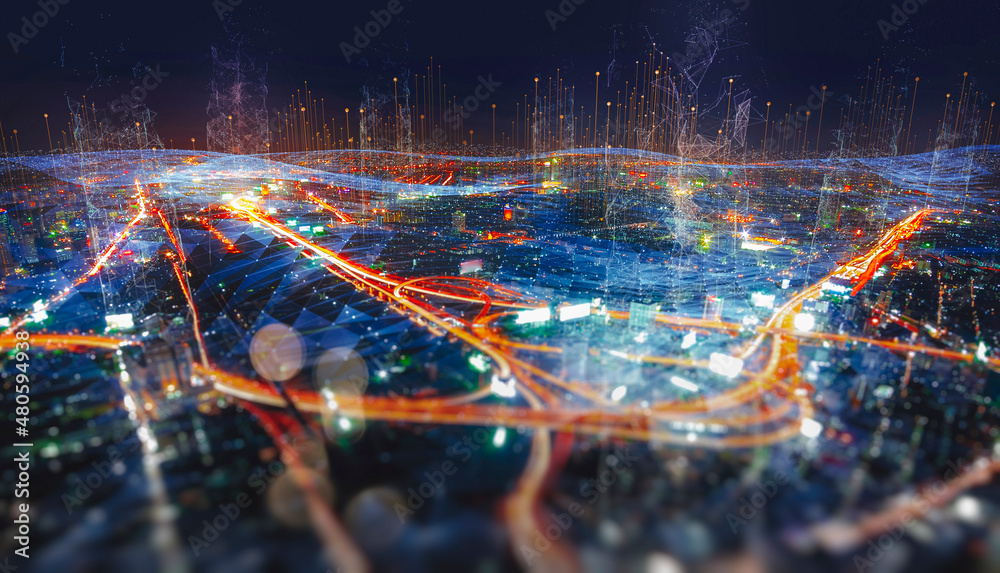 Poster energy digitalization smart city with wireless network and connection technology concept with abstra