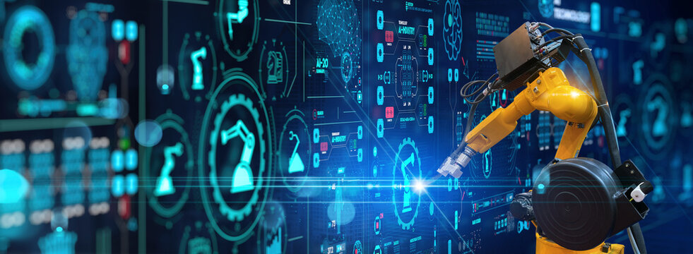 AI Robot arm analyzing mathematics for automated manufacturing process.Concept of robotics technology and machine learning or mechanized industry problem solving. - Powered by Adobe