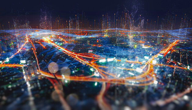 Energy Digitalization Smart city with Wireless network and Connection technology concept with Abstract Bangkok city background