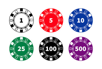 Fototapeta premium Collection of casino gaming chips, different colors and denominations. Gambling chips (poker, roulette). Isolated raster illustration on white background. 
