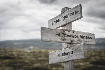 intelligence trustworthiness morals text on wooden sign outdoors.