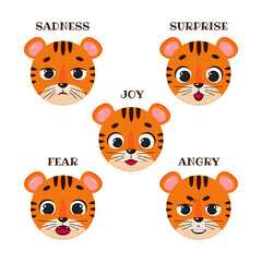 Obraz na płótnie Canvas Set of different emoticons of a cute little tiger. Joy, sadness, surprise, angry, fear.