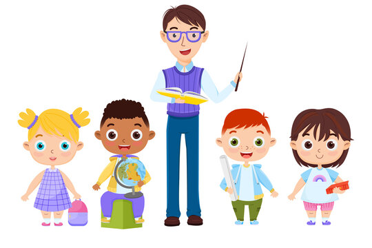 Vector illustration of a teacher and children on a white background. School education.