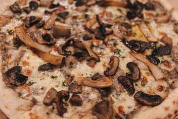 Close up of delicious Veggie Vegetarian pizza with champignon for vegan.