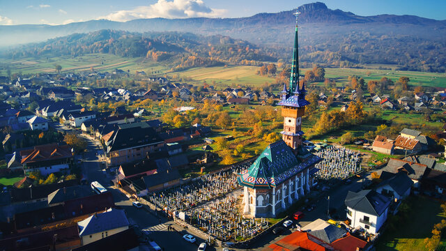 Aerial drone view of The Merry Cemetery in Sapanta, Romania