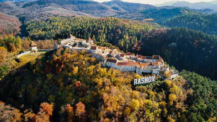 Aerial drone view of The Rasnov Fortress in Romania