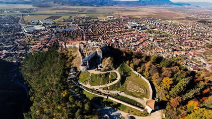 Aerial drone view of The Rasnov Fortress in Romania