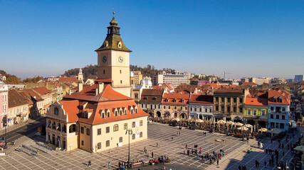 Obraz premium Aerial drone view of The Council Square in Brasov, Romania