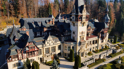 Aerial drone view of The Peles Castle in Romania