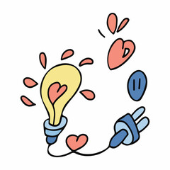 Hand-drawn doodle elements highlighted on a white background. Hand-drawn light bulb with a heart. Doodles