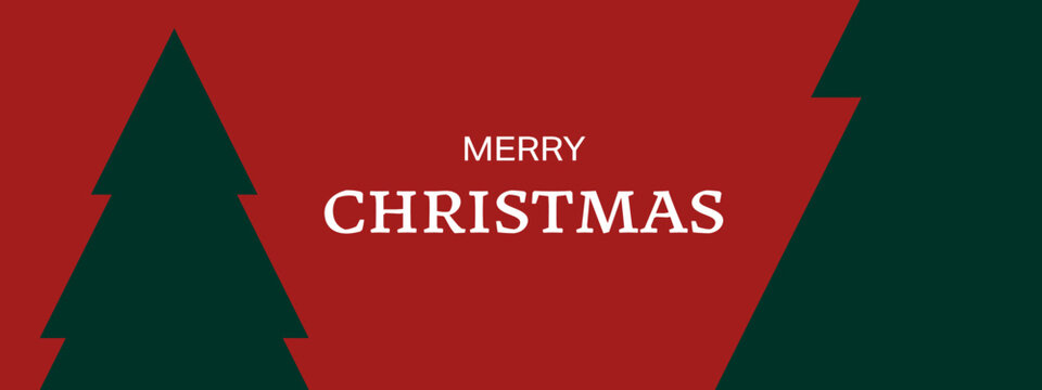 Christmas card on red background. Merry christmas text with christmas trees, Vector