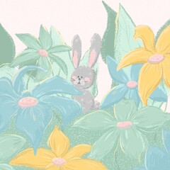 easter card  grey rabbit in flowers
