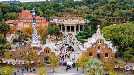 Aerial drone view of Park Guell in Barcelona, Spain
