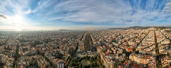 Aerial drone panoramic view of Barcelona, Spain