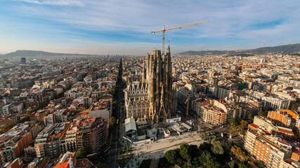 Aerial drone panoramic view of Sagrada Familia in Barcelona, Spain