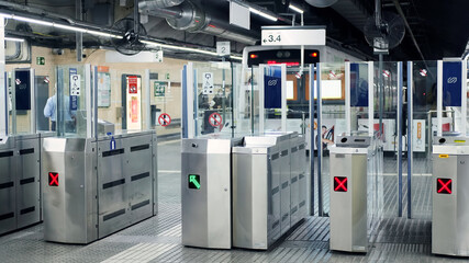 Turnstiles in airport of Barcelona, Spain